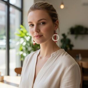 Silver .925 Red coral and mother of pearl Hoop Earrings